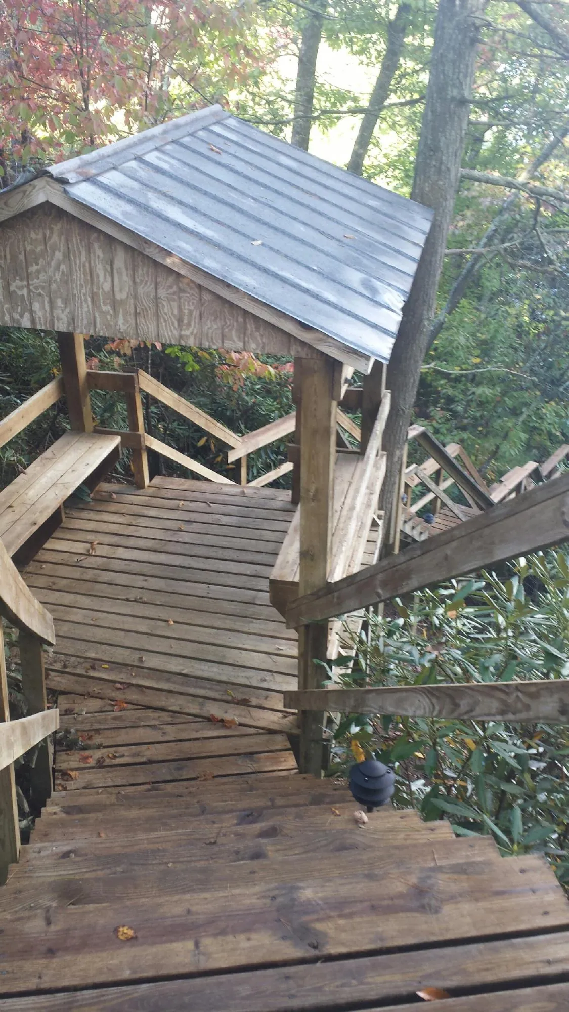 Metal roofed shelter over wooden steps on a wooded walkway — Skylight Repair & Installation work by our crew in Martensdale
